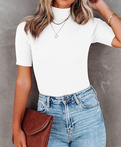 Casual Short Sleeve Shirt Basic Mock Neck Top Slim Fit Ribbed Knit Pullover Sweater