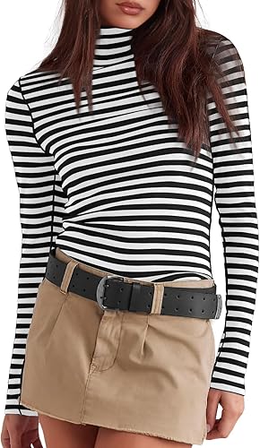 Womens Striped Turtleneck Shirt Long Sleeve Undershirts Ribbed Slim Fit Top Fitted Basic Tees