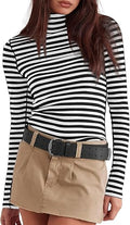 Womens Striped Turtleneck Shirt Long Sleeve Undershirts Ribbed Slim Fit Top Fitted Basic Tees