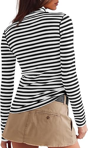 Womens Striped Turtleneck Shirt Long Sleeve Undershirts Ribbed Slim Fit Top Fitted Basic Tees