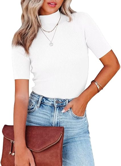 Casual Short Sleeve Shirt Basic Mock Neck Top Slim Fit Ribbed Knit Pullover Sweater