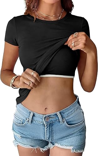 Womens Short Sleeve Tops Built in Bra 2026 Summer T Shirts Slim Fitted Going Out Y2K Basic Tee Vacation Clothes